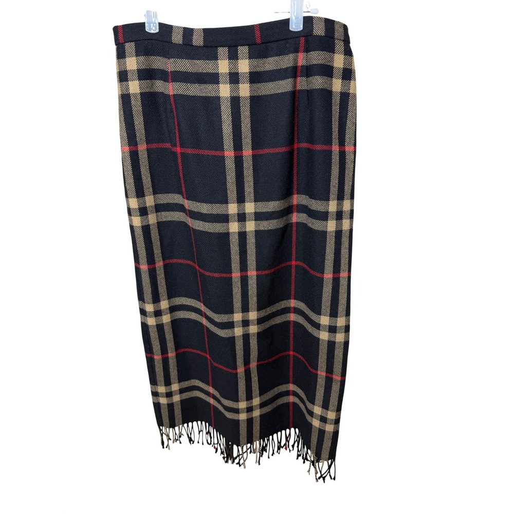 Requirements Womens Plaid Wool Blend Fringed Midi Skirt Black Tan Red Size 12